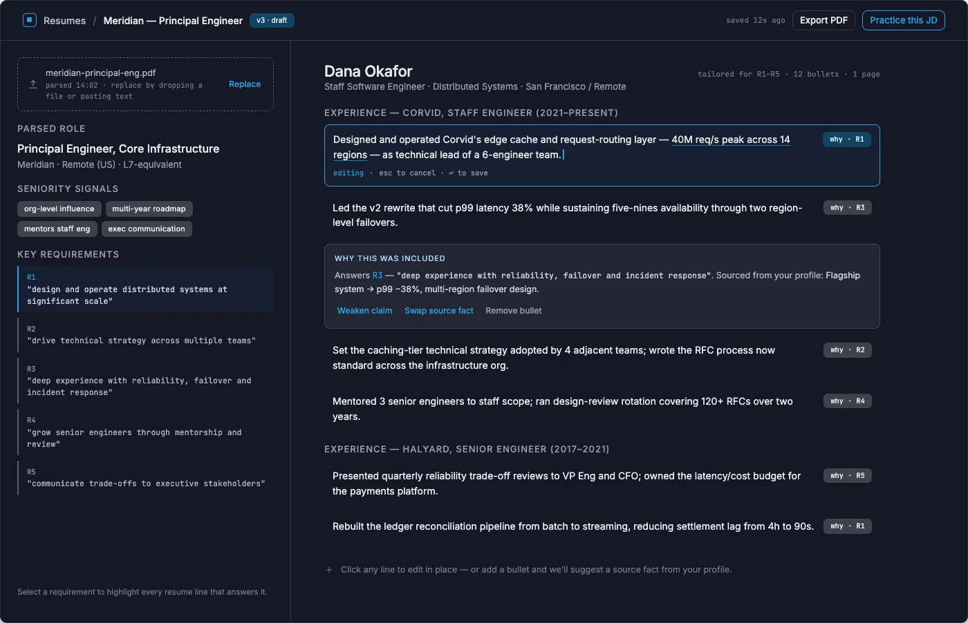 Job description to tailored resume screen